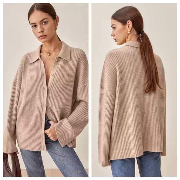 Reformation Sweaters - Reformation Fantino Cashmere Collared Cardigan Sweater Ribbed Knit Buttons Tan